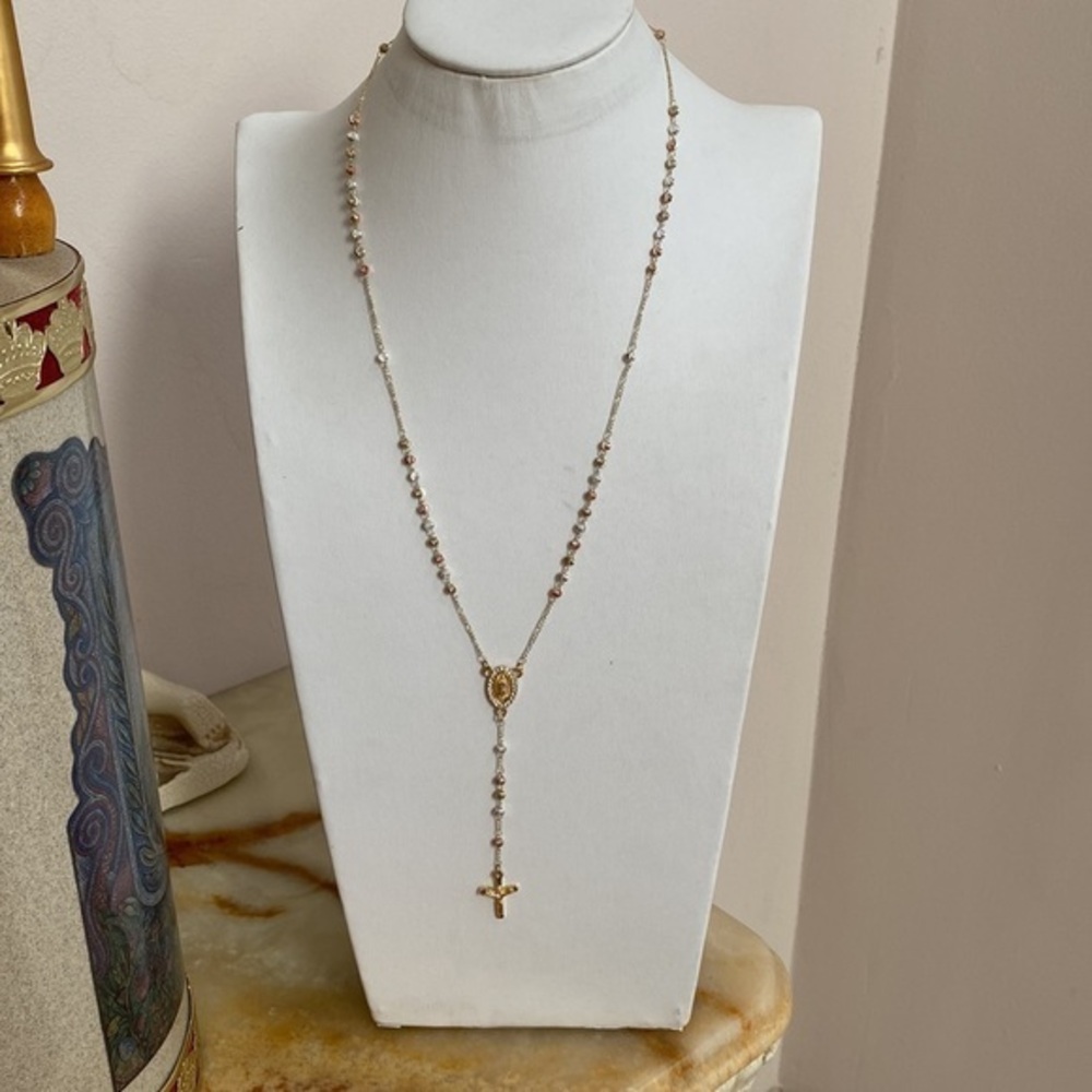 New Tri Color Rosary 28” inches Gold filled Cross Rosary Necklace